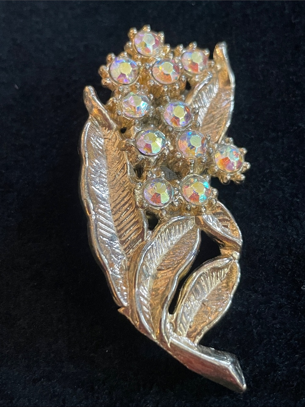 Vintage Gold-Tone Leaf & Aurora Borealis Crystal Brooch - Women Jewelry Brooches